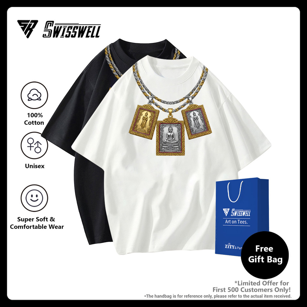 SwissWell 🎽 เสื้อยืดผ้าคอตตอน 100% T-Shirt แบบ Oversize Unisex คอกลม ลาย Buddha amulets ดีไซน์คลาสสิก P2