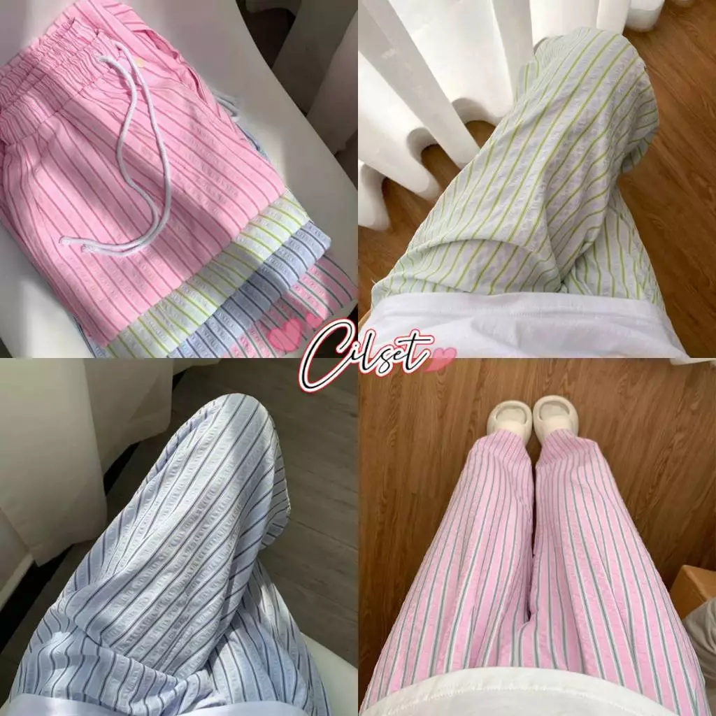 Cilset🛒พร้อมส่ง🎀 กางเกงขายาว เอวสม๊อค ลายทางสีพาสเทล ใส่ได้ทุกวันใส่สบายมาก FY2845