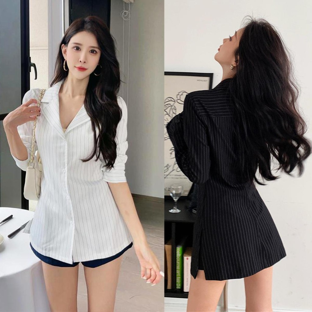 Chili Koko เสื้อเชิตแขนยาวลายทาง แฟชั่นผู้หญิงคอวี เสื้อคลุมแบบยาว ทรงสลิมฟิต W653