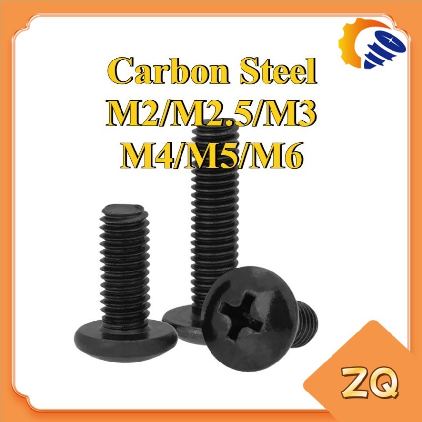 สีดําขนาดใหญ่หัวแบนข้ามสกรูหัวร่มกึ่งรอบหัวสกรูหัวเห็ดเครื่องแบนขนาดใหญ่M2/M2.5/M3/M4/M5/M6*L3-50 มม