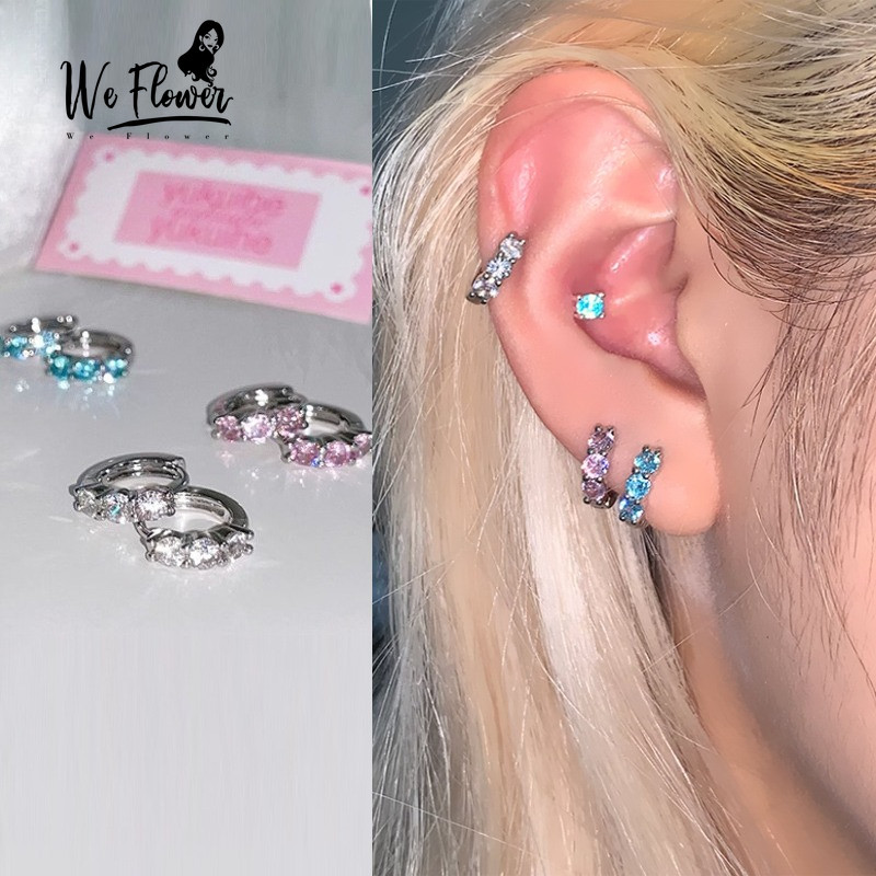 ต่างหูห่วงเงินสีชมพูและฟ้าพร้อมคริสตัลดอกไม้เกาหลี สไตล์แฟชั่นสำหรับผู้หญิง เป็นเครื่องประดับของขวัญที่สวยงาม