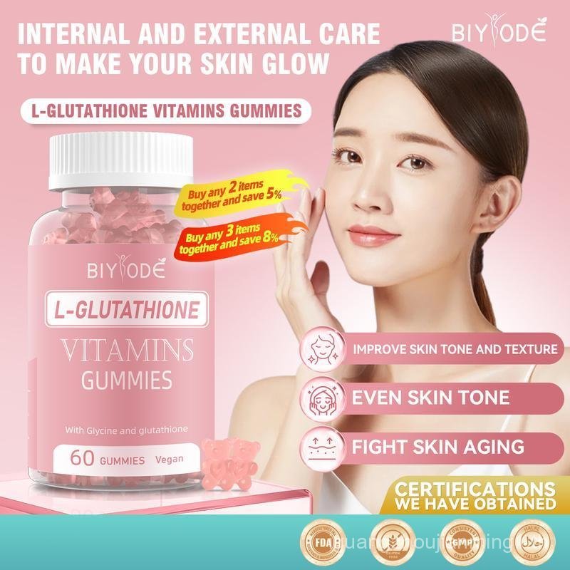 BIYODE L-Glutathione Gummies สําหรับผิวขาวและให้ความชุ่มชื้น | 500mcg ไบโอติน & แอล-กลูตาไธโอน | ด้ว