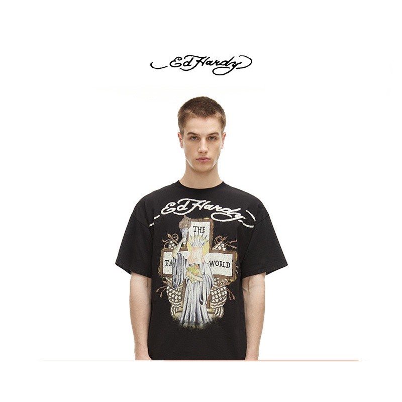 Ed Hardy ฤดูร้อนคลาสสิก cross รูปปั้น Liberty พิมพ์แฟชั่นแฟชั่นแบรนด์เสื้อยืดแขนสั้นผู้ชาย
