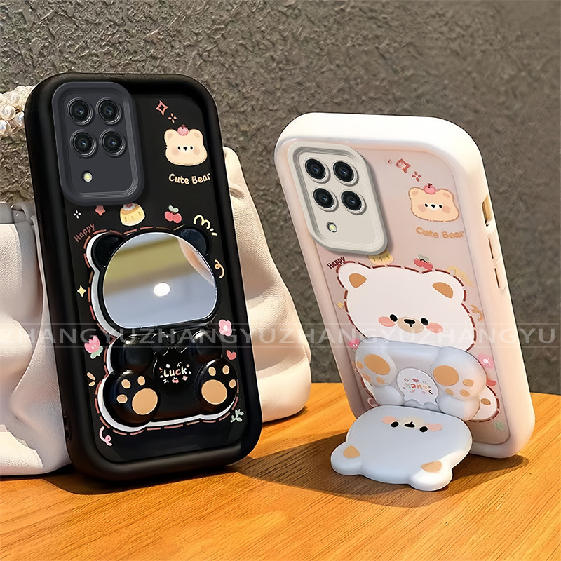 เหมาะสําหรับ Samsung A12 A22 4G 5G เคสโทรศัพท์ใหม่น่ารักหมีกระจกขาตั้ง lprotective พร้อมความงามปกอ่อน JT07