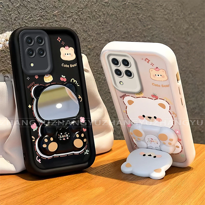 เหมาะสําหรับ Samsung A12 A22 4G 5G เคสโทรศัพท์ใหม่น่ารักหมีกระจกขาตั้ง lprotective พร้อมความงามปกอ่อน JT07