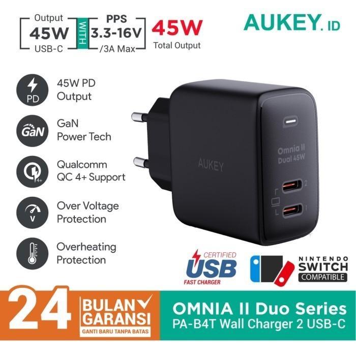 Aukey PA-B4T Charger GaN 45W PPS Dual Port USB Type C PD 30W 27W 25W