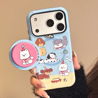 การ์ตูนน่ารักปาร์ตี้ลูกสุนัขภาพประกอบที่วางขาตั้งแม่เหล็กเคสไอโฟนเข้ากันได้สําหรับ ไอโฟน 17 มือโปร สูงสุด 17 มือโปร 17 อากาศ 17 16 15 14 13 12 11 ต่อต้าน หยดฮาร์ดพีซีเคลือบฝาหลั