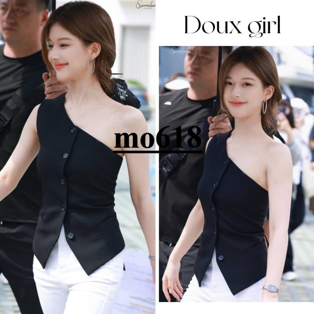 ** moo618 * Xu I พราว Zhao Lusi Xu Yan สไตล์เดียวกันสีดําไหล่เอียงชุดสูทแขนกุดเสื้อกั๊กเสื้อกั๊ก Sli