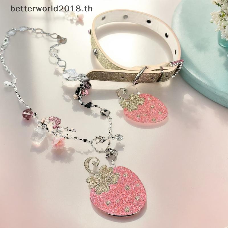 [bet] 1 ชิ้นสร้อยคอยาวสายคล้องเครื่องประดับสร้อยคอสตรอเบอร์รี่จี้ Rhinestone เงา INS Y2K โซ่โลหะคออุ