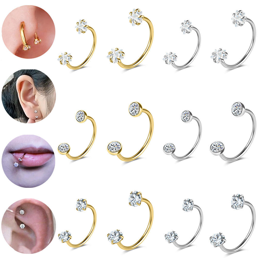 แหวนจมูกสแตนเลสสตีล ขนาด 8/10 มม. พร้อมคริสตัลและลายเส้นสไตล์_star_และ_horseshoe