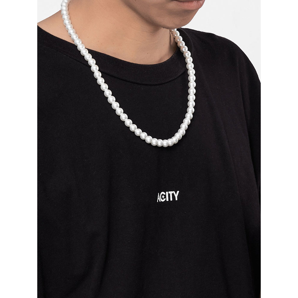 สร้อยคอ ACITY Xicheng ชุดฮิปฮอปสั้นสีขาว สำหรับทั้งผู้ชายและผู้หญิง มีลูกไม้ไข่มุก