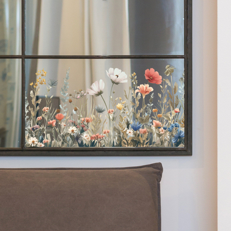 สติกเกอร์ติดกระจกและผนังลายพุ่มดอกไม้สดใส สำหรับตกแต่งหน้าต่าง ประตู หรือตู้เสื้อผ้าในห้องนอน