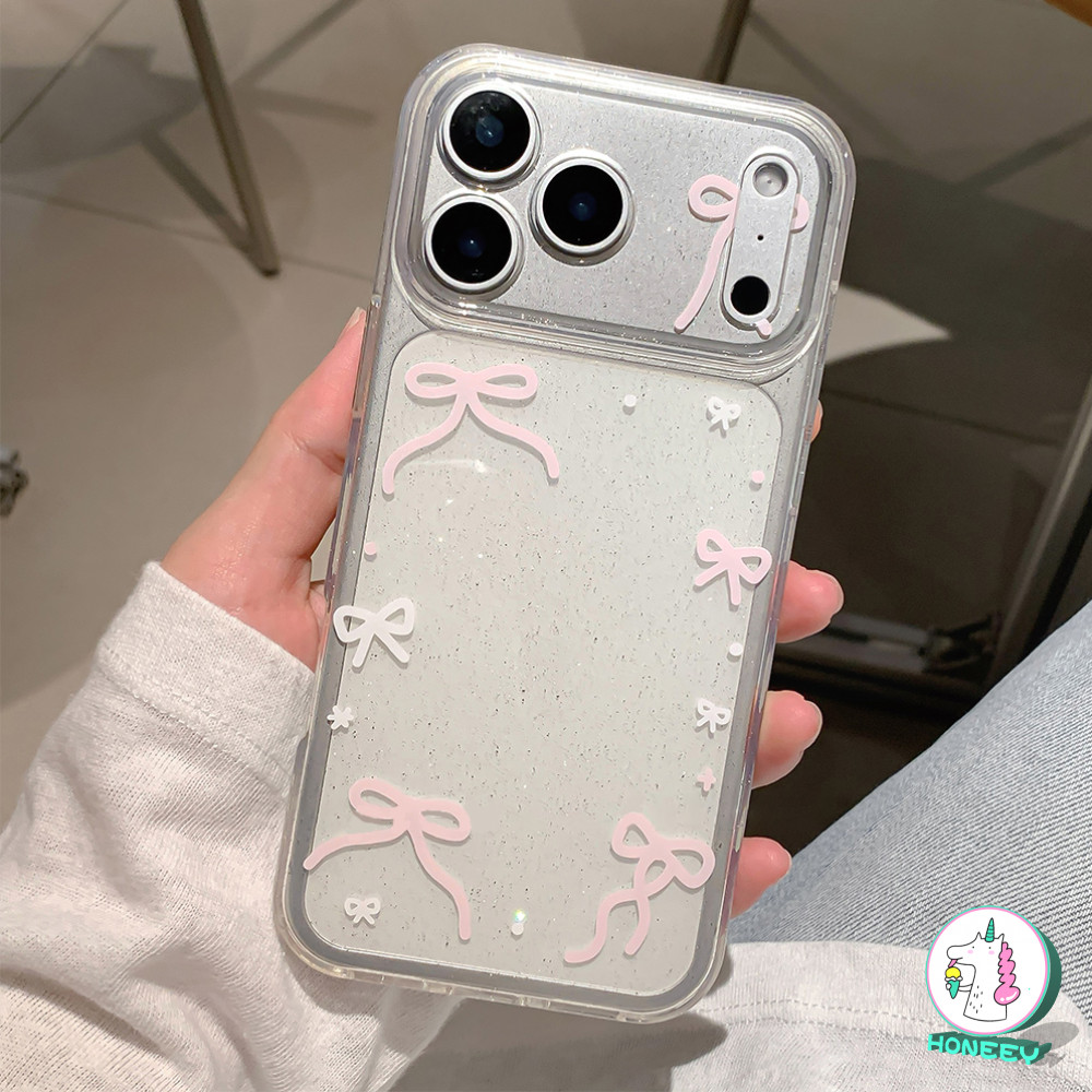 INS เกาหลีสีชมพูโบว์เงาGlitterโปร่งใสเคสโทรศัพท์สําหรับiPhone 17 Pro Max Air 16 15 11 14 13 Pro Max 16 Plus Anti-drop Soft TPUปกหลัง – โปรปัง