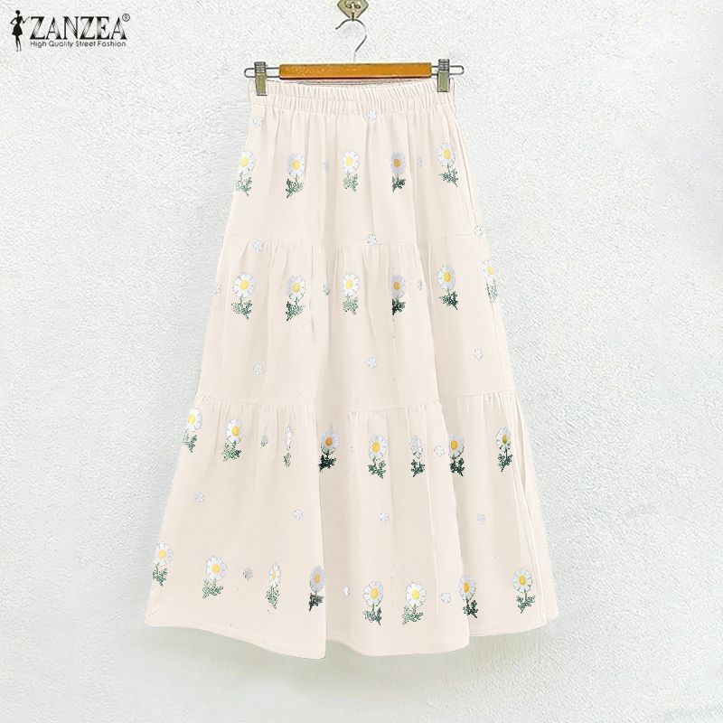 ZANZEA กระโปรงลายดอกไม้ สไตล์เรโทร พิมพ์ pleats สำหรับผู้หญิง ขนาดเอวยางยืด — صورة 4