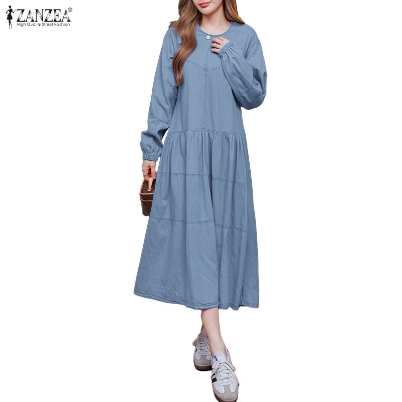 ZANZEA แฟชั่นเกาหลี กระโปรงเค้กแขนยาว ออกแบบชั้นรอบคอแยก Splicing ทรง H