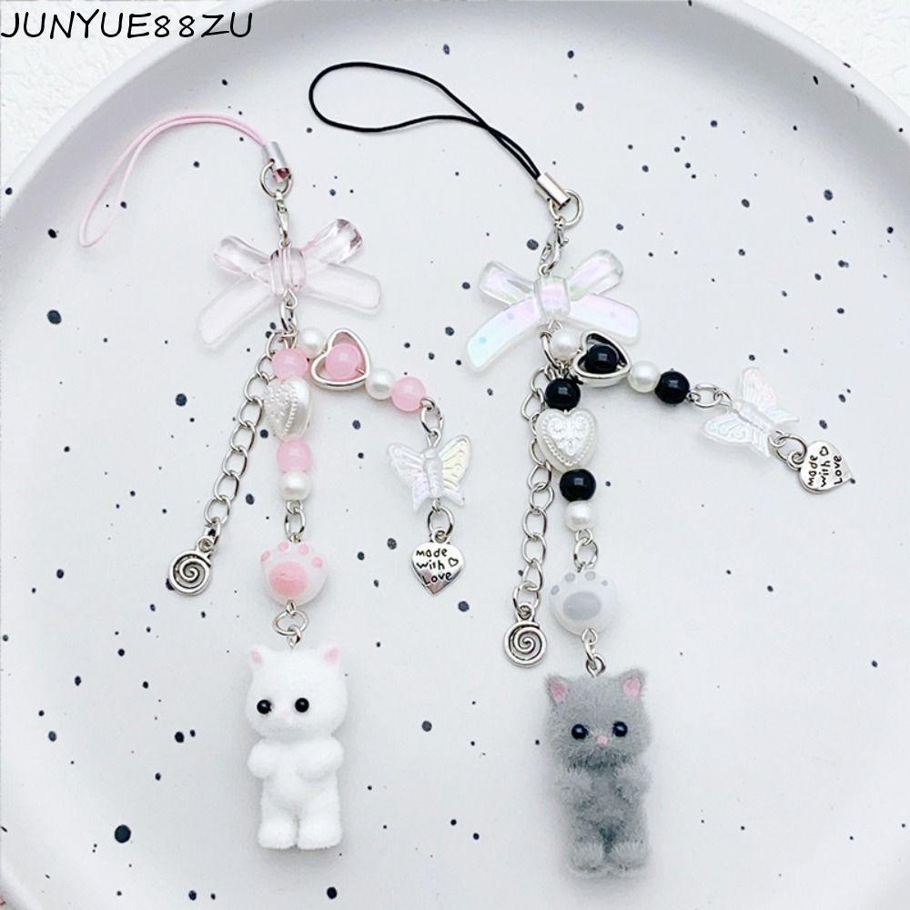 JUNYUE88ZU โซ่โทรศัพท์มือถือลูกแมว 3D, พวงกุญแจ Flocking เคสโทรศัพท์แมว, หวาน Anti Lost Y2K Ins แมวโ