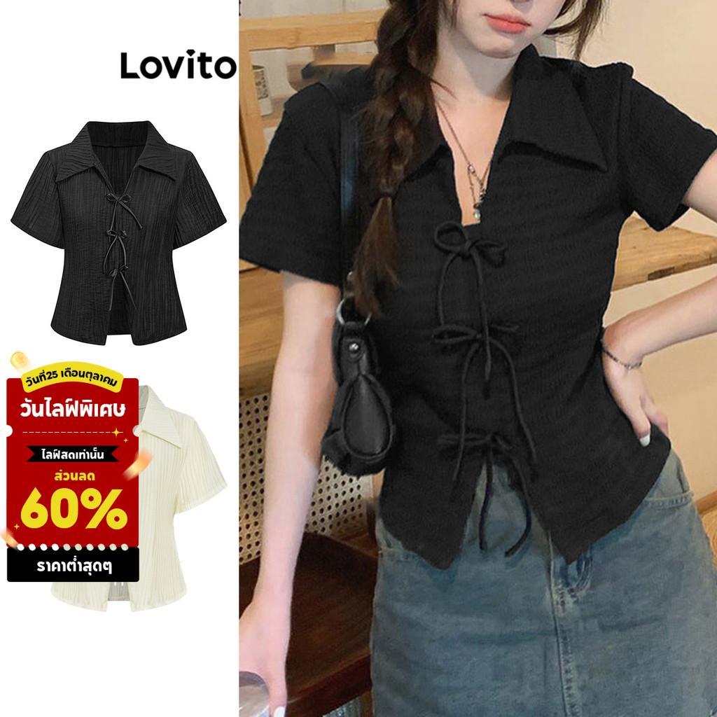 Lovito เสื้อยืดน่ารักเสื้อยืด ผ้าแจ็คการ์ด โบว์ธรรมดาฤดูร้อนสําหรับผู้หญิง L87ED028 (หลากสี)