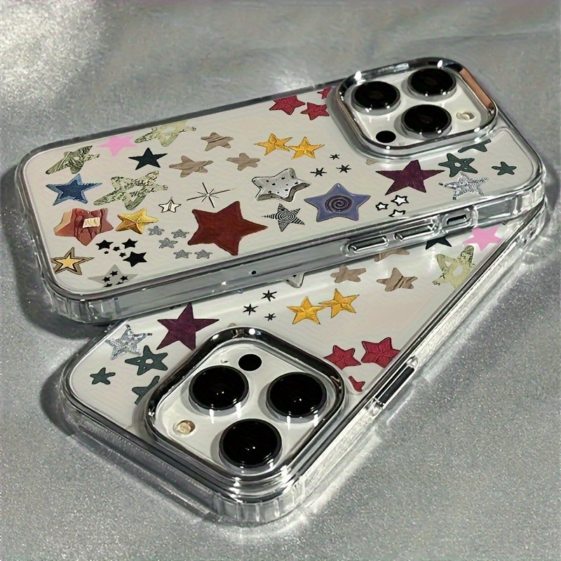 การ์ตูนที่มีสีสัน Star รูปแบบเงินเลนส์กรอบโปร่งใสเคสโทรศัพท์สําหรับ IPhone 17 PRO MAX 17 AIR 11 12 13 14 15 16 PRO MAX 7 8 Plus X XR XS SE2 3 ฝาครอบ