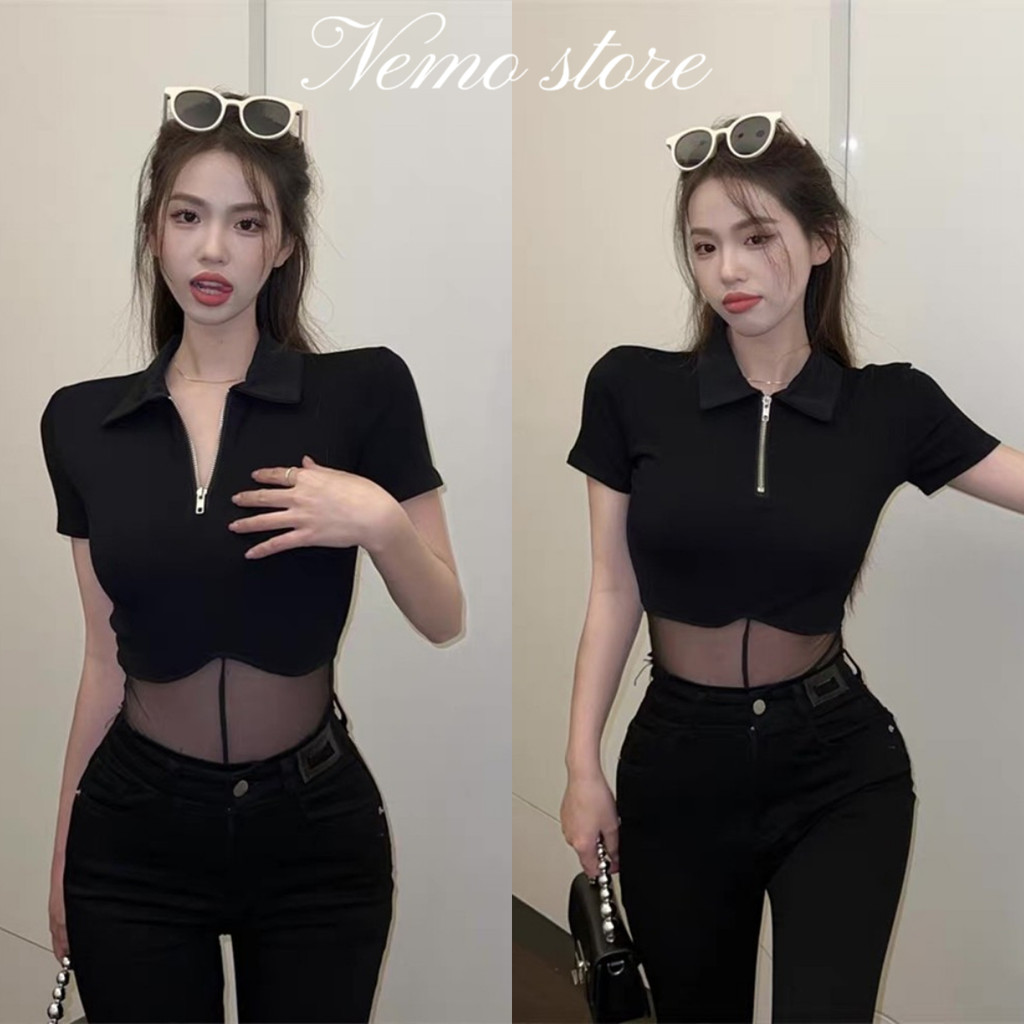 Nemo store🌸#FY9080 ชุดบอดี้สูท น่ารักๆ ดีเทลซีทรู สีดำ สาวเท่ ทรงรัดรูปใส่ง่าย