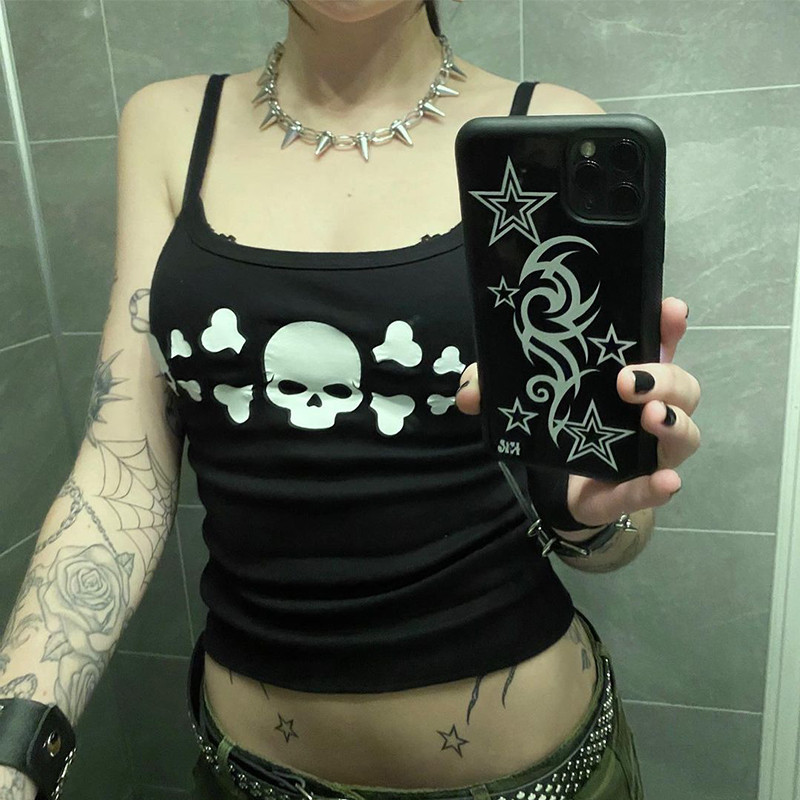 Gothic Emo girl Camisole Top Skull Graphic Print Grunge Cro