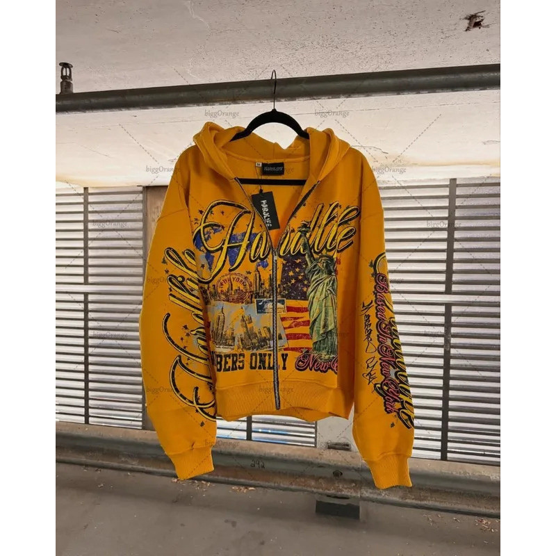อินเทรนด์ Hip Hop Y2K Streetwear American Retro Letter Hooded คาร์ดิแกนพิมพ์หลวมกีฬา Harajuku สไตล์เสื้อกันหนาว 10.26