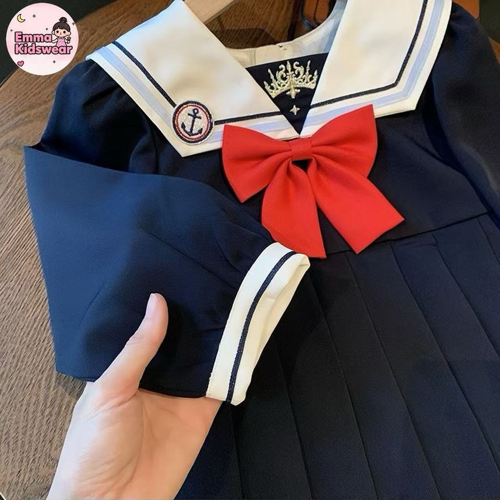 💗EK👧🏻สไตล์ญี่ปุ่น ชุดนักเรียนอนุบาล สําหรับเด็กผู้หญิง ชุดเดรสแขนยาว สไตล์กองทัพเรือ โบว์สีแดง🚀 - รูปที่ 6