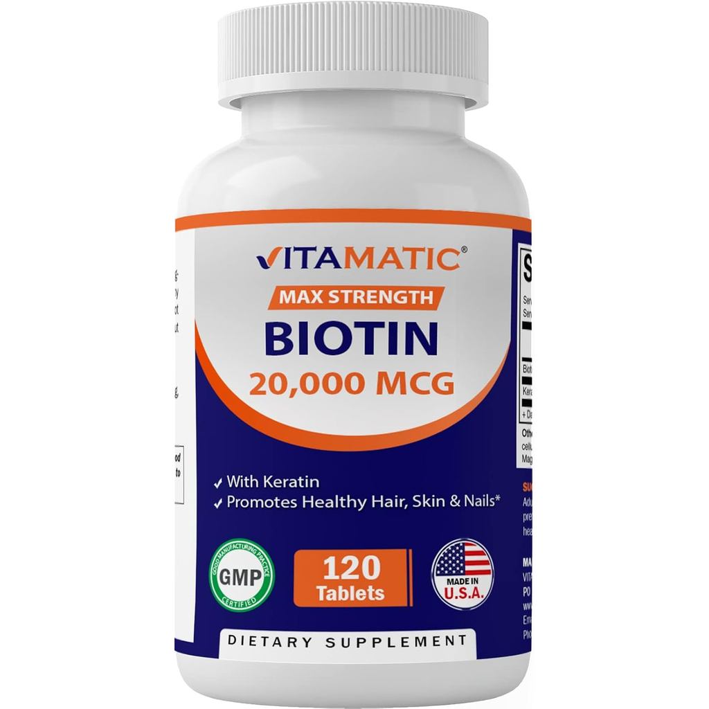 Vitamatic High Potency Biotin 20000 mcg (20mg) with Keratin 100mg - 120 เม็ดมังสวิรัติ - อาหารเสริมไ