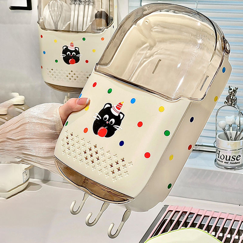 INS  ที่ใส่ตะเกียบ ที่ใส่ช้อนส้อม สีครีมน่ารัก มีฝาปิดและมีระบบระบายน้ำ ป้องกันฝุ่น กันแมลง กล่องเก็บช้อนส้อม ติดผนัง - รูปที่ 2