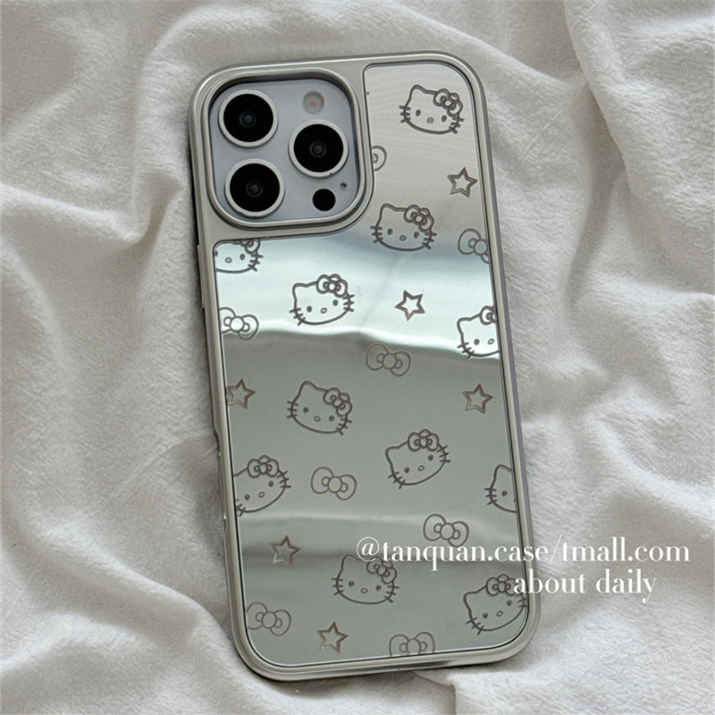 Bow-Knot Hello Kitty กระจกแต่งหน้าเคสโทรศัพท์ Drop-Resistant สําหรับ iPhone 16 Promax 15 Promax 11 12 13 14plus 15plus 16e 16plus 15pro