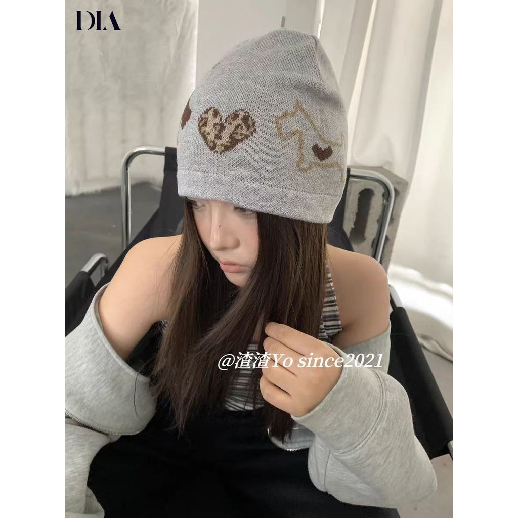 หมวกถักสไตล์เกาหลีย้อนยุค พิมพ์ลายเสือดาวและหัวใจ สำหรับใส่กลางแจ้ง