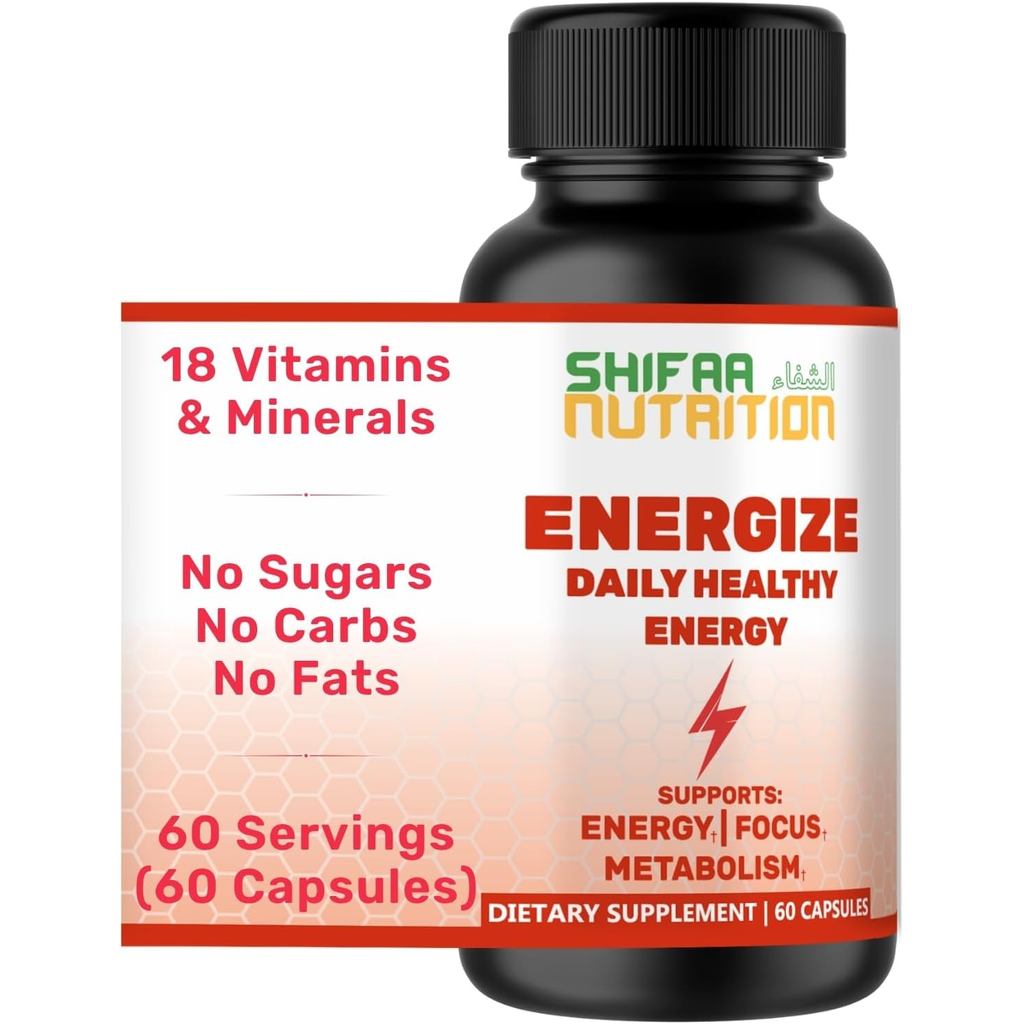 SHIFAA NUTRITION Energize วิตามินพลังงานประจําวันจากธรรมชาติ | Jitter-Free 60 เสิร์ฟ | รองรับโฟกัส อ