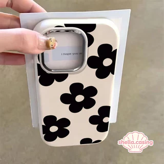 แฟชั่นดอกไม้สีดำน่ารักเข้ากันได้เคสไอโฟน 11 17 AIR 16 15 13 12 14 Pro Max 15 7 8 Plus XR X XS Max SEเลนส์โลหะหรูหราคส