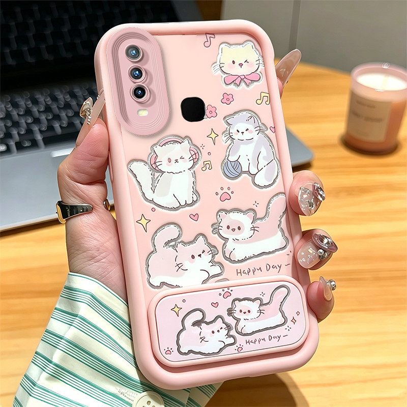 เคสสําหรับVIVO Y12 y11 2019 Y15 Y17 Y19 y12iเคสโทรศัพท์Softcaseซิลิโคนกันกระแทกปกดีไซน์ใหม่ความงามน่ารักแมวสีชมพูพร้อมที่วางJTKLMZJ3