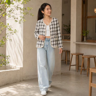 เสื้อคลุมผ้าทวีดเกาหลี มีไซส์ S-7XL คอวีแต่งขอบทูโทน ดีเทลกระดุมมุกสุดละมุน แมทช์ลุคคุณหนูไปคาเฟ่