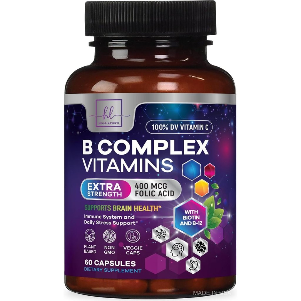 B Complex Vitamin ผลิตภัณฑ์เสริมอาหาร - 3X Strength with Biotin, Vitamin C & Folic Acid - Super B12 