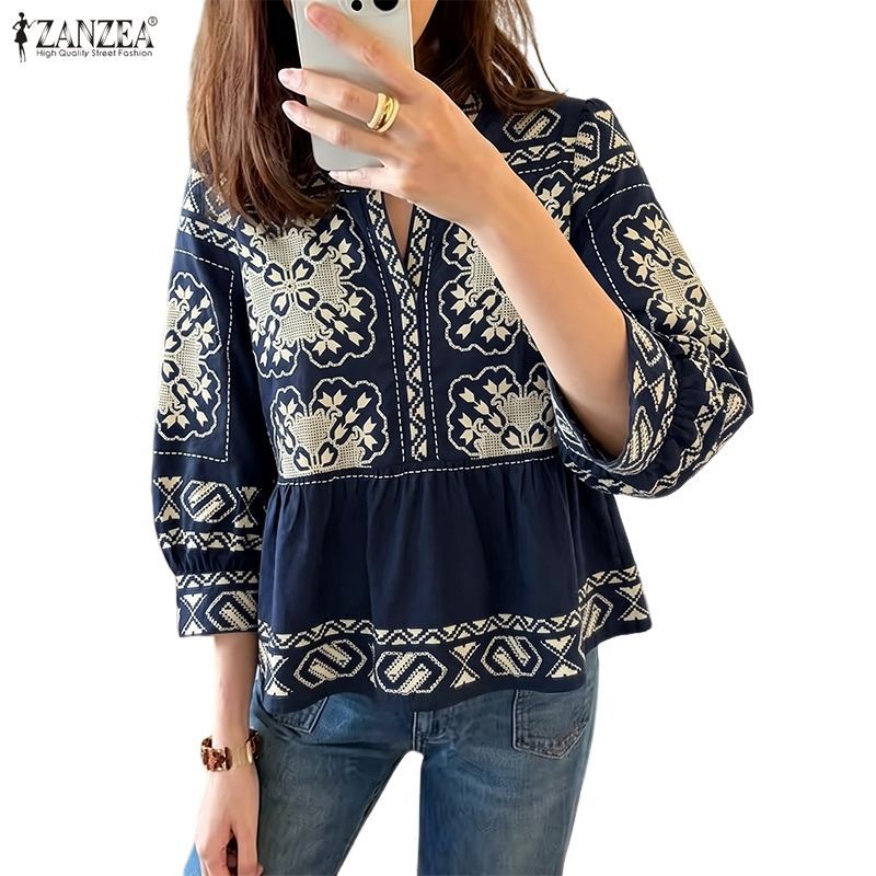 ZANZEA เสื้อผ้าผู้หญิงเกาหลีลําลองดอกไม้โบฮีเมียนวันหยุด 3/4 แขนยืนปกพิมพ์เสื้อ Ruffle Hem — صورة 6