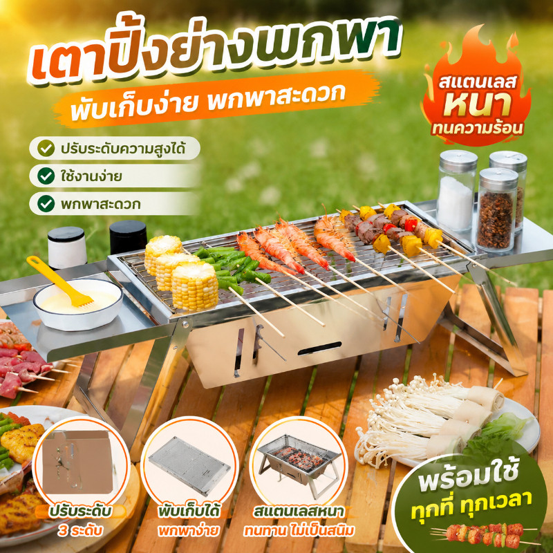 COD เตาปิ้งย่าง เหล็กกล้าไร้สนิม เตาปิ้งย่างถ่าน เตาย่างBBQ พับเก็บได้ แคมป์ปิ้งบาร์บีคิว แบบพกพา หนาขึ้น ทนทาน