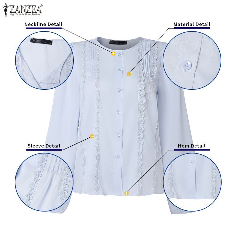 ZANZEA เสื้อลําลองแขนยาว O ผู้หญิงหลวมเกาหลี A-Line ลูกไม้ Splice — صورة 7