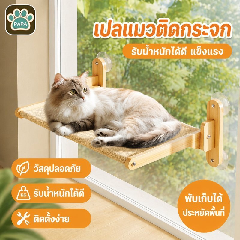 BHQ เปลแมวติดกระจก เปลแมวติดหน้าต่าง ที่นอนแมว แบบแขวน พับเก็บได้ ไม้สน ตาข่ายระบายอากาศ