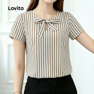 Lovito เสื้อเบลาส์ลําลอง ผูกโบว์ แบบเว้าช่วงอก สําหรับผู้หญิง LK6ED071