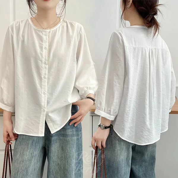 Red Berry เสื้อเบลาส์แขนสามส่วนแต่งลูกไม้สไตล์เกาหลีสำหรับผู้หญิง ระบายอากาศได้ดี W747