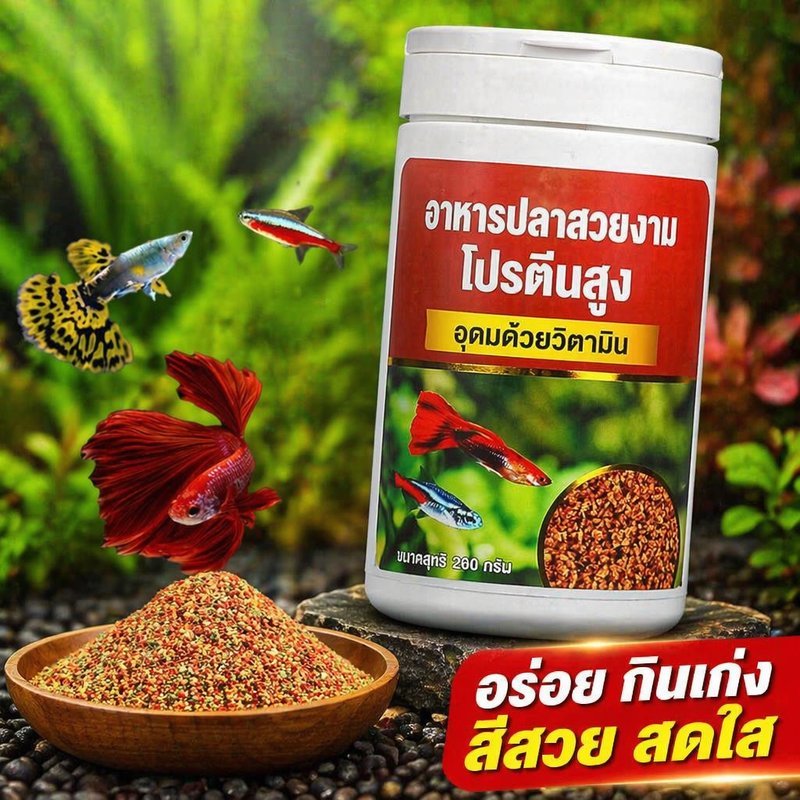 อาหารปลาหางนกยูง เม็ดจมช้า โปรตีนสูง วิตามินครบ เม็ดเล็กกลาง สำหรับปลาสวยงาม