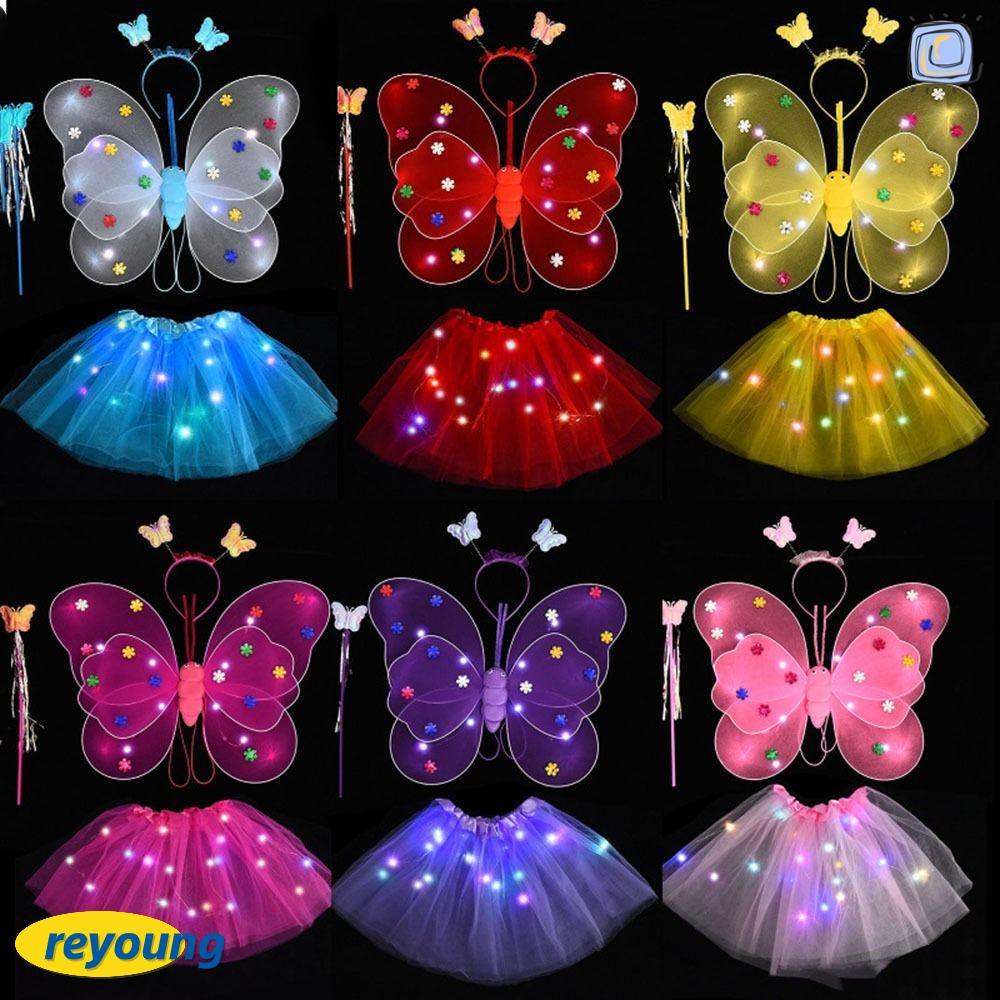 REYOUNG กระโปรงเด็กผู้หญิง Princess Hair Hoop ไฟสูท 2-8 ปีอีสเตอร์วันวาเลนไทน์ Angel Luminous Wings