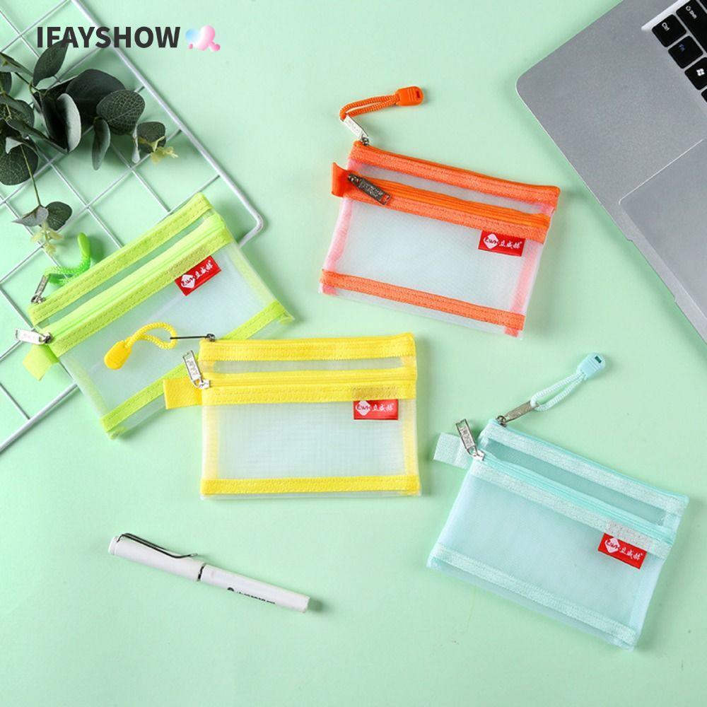 IFAYSHOW กระเป๋าใส่เหรียญขนาดเล็ก, ตาข่ายไนลอน Bus ID กระเป๋าเก็บบัตรเครดิต, หูฟัง Organizer กระเป๋าแบบพกพาสองชั้นสตางค์เงิน