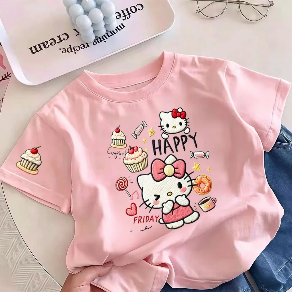 Pebbi Baby เสื้อยืดเด็กผู้หญิงแขนสั้นฤดูร้อน2026 ลายพิมพ์ Hello Kitty เค้กขนมหวาน ผ้าฝ้าย100% นุ่มระบายอากาศ สไตล์เกาหลี