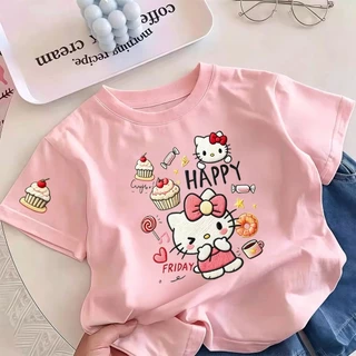Pebbi Baby เสื้อยืดเด็กผู้หญิงแขนสั้นฤดูร้อน2026 ลายพิมพ์ Hello Kitty เค้กขนมหวาน ผ้าฝ้าย100% นุ่มระบายอากาศ สไตล์เกาหลี