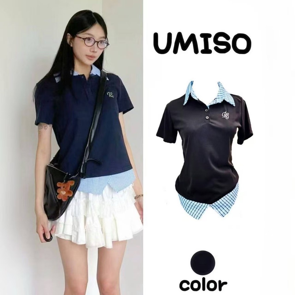 พร้อมส่งจากกทม 2สี เสื้อยืดแขนสั้นคอปก ปัก น่ารักๆ สไตล์เกาหลี ผ้ายืด นุ่ม UMISO