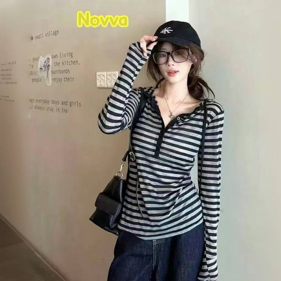 ส่งไวจากไทย สไตล์เกาหลี เสื้อยืดลําลอง แขนยาว ลายทาง สําหรับสตรี มีฮู้ด 2สี👚Novva