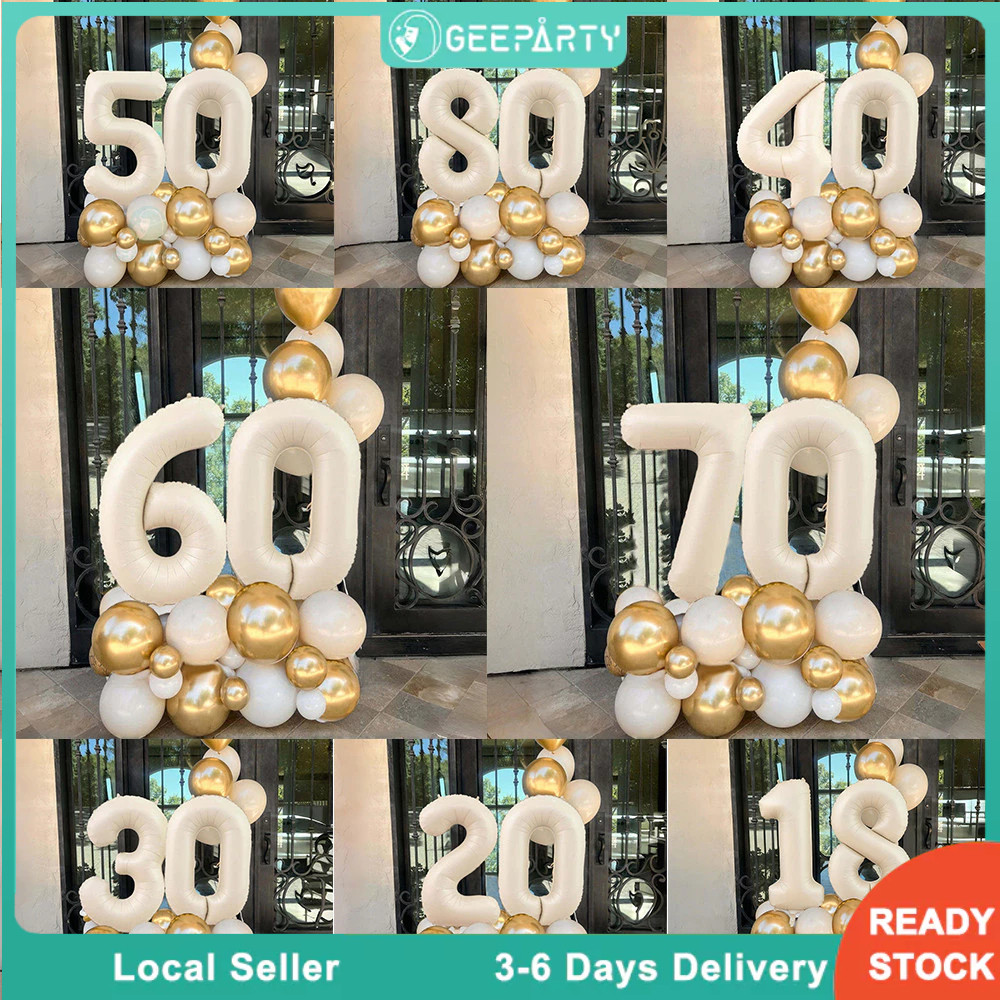 GeeParty ชุดลูกโป่งตัวเลขสีครีมทอง 34 ชิ้น แบบตั้งได้ ลูกโป่งวันเกิดผู้ใหญ่ อายุ 18 50 60 70 ปี ตกแต่งวันครบรอบ วันเกิด