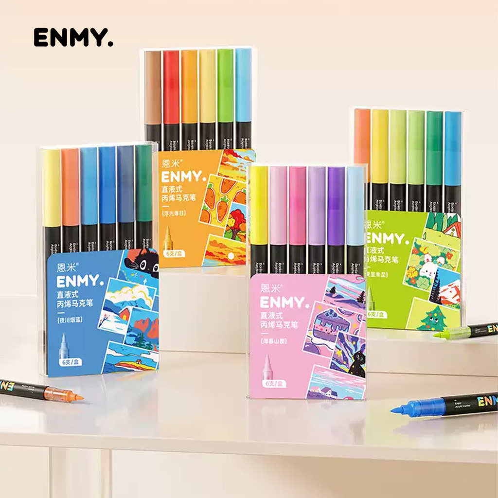 ปากกาอคริลิคด้ามอ่อนระบบไหลน้ำตรง ENMY กล่องมินิ 6 สี หัวแปรงยืดหยุ่น วาดเส้นละเอียด 0.5 มิลลิเมตร /